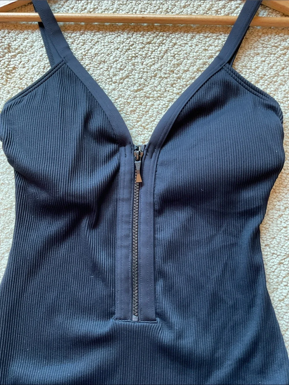 kate spade Black Ribbed One-Piece Swimsuit with Front Zip